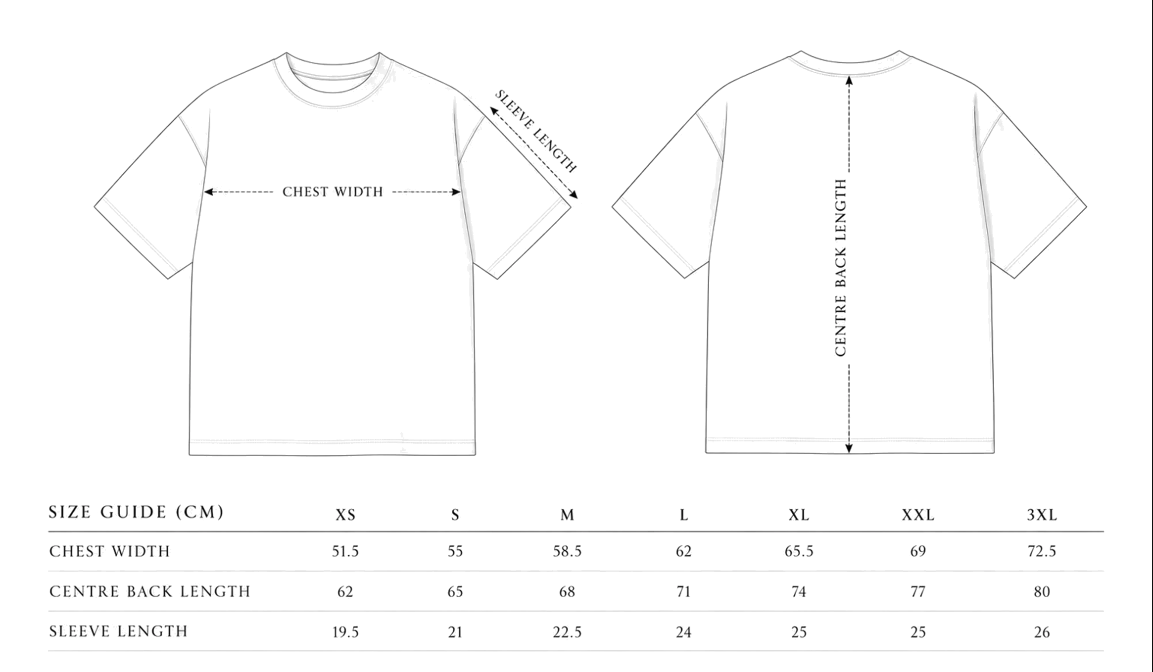 Size guide showing chest width, centre back length and sleeve length for sizes XS to 3XL